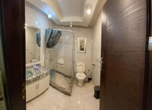 a bathroom with a shower and a toilet and a sink at New Cairo COZY Studio 2 bedrooms & 2 bathrooms in Cairo