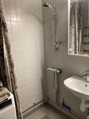 a bathroom with a shower and a sink at Jane’s place in Stockholm