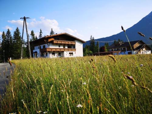 a house in the middle of a field of tall grass at Haus Almrose in Leutasch