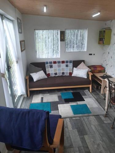 a living room with a couch and a rug at Off grid Rosie Sheperd hut and summerhouse plus 1 acre at Tanyrallt in Llanybydder
