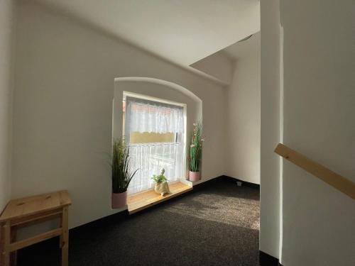 a room with a window with potted plants in it at Apartmány U sv. Anny in Kadaň