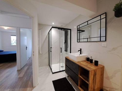 La salle de bains est pourvue d'un lavabo et d'un miroir. dans l'établissement Camden - Extérieur et parking, à Reims