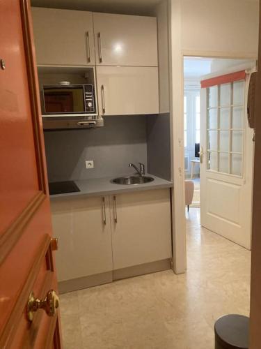 une cuisine avec un évier et un micro-ondes dans l'établissement Studio cosy Cours Mirabeau au cœur d'Aix-en-Provence, à Aix-en-Provence