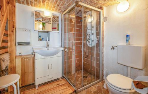 ein Bad mit einer Dusche, einem WC und einem Waschbecken in der Unterkunft Amazing Home In Deutsch Schtzen With 1 Bedrooms in Deutschschützen
