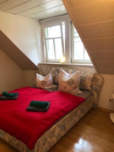a bedroom with a couch with a red blanket at Tannhäuser Hörselhäuschen in Wutha-Farnroda
