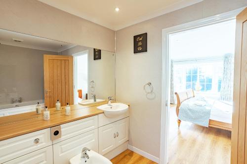 a bathroom with a sink and a mirror at Sparrowhawk Cottage with Hot Tub in Newton Stewart