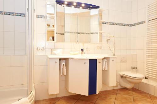 a bathroom with a sink and a toilet and a shower at Vegan Hotel und Restaurants Nicolay 1881 in Zeltingen-Rachtig