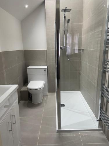 a bathroom with a shower with a toilet and a sink at Merchiston Residence in Edinburgh