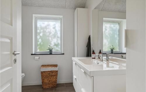 ein weißes Badezimmer mit zwei Waschbecken und zwei Fenstern in der Unterkunft Gorgeous Home In Jgerspris With Kitchen in Jægerspris