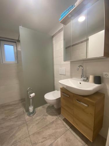 a bathroom with a white sink and a toilet at Auszeit Salzkammergut Appartements in Bad Ischl