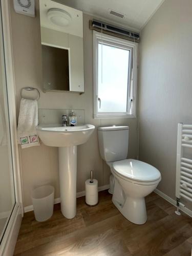 a bathroom with a sink and a toilet and a window at Fairview Caravan Hire in Lossiemouth