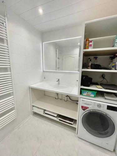une salle de bain avec un lavabo et une machine à laver dans l'établissement Maison Amiens proche centre ville & gare, à Amiens