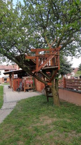 un árbol con una estructura de madera encima en Králíkov01 en Tupesy