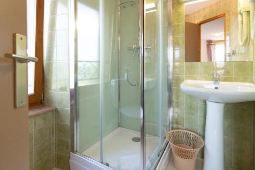 y baño con ducha acristalada y lavamanos. en Hôtel Beau Site en Malbuisson