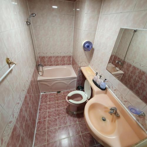 małą łazienkę z toaletą i umywalką w obiekcie Seven Hostel w Seulu