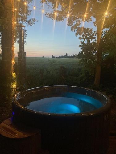 a hot tub in a yard with a tree at La Ferme 1851 - Cabane Spa Nordique privé vue sur champ in Willems