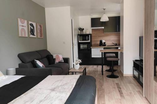 uma sala de estar com um sofá e uma cozinha em Les Treilles de Salies - Studio au calme em Salies-de-Béarn