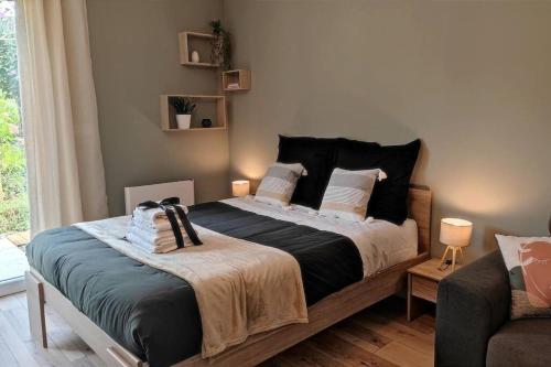ein Schlafzimmer mit einem großen Bett mit Kissen darauf in der Unterkunft Les Treilles de Salies - Studio au calme in Salies-de-Béarn