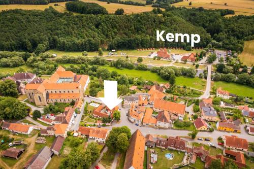 an aerial view of a building with a x sign at Penzion a kemp Koruna in Zlatá Koruna
