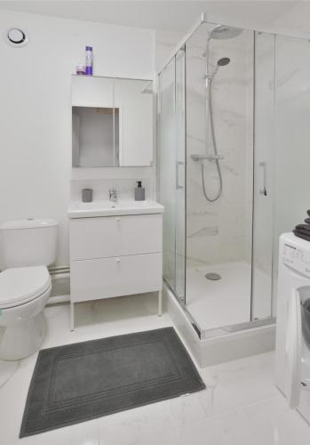 une salle de bain blanche avec douche et toilettes dans l'établissement La Villa des Arts, à Évry-les-Châteaux