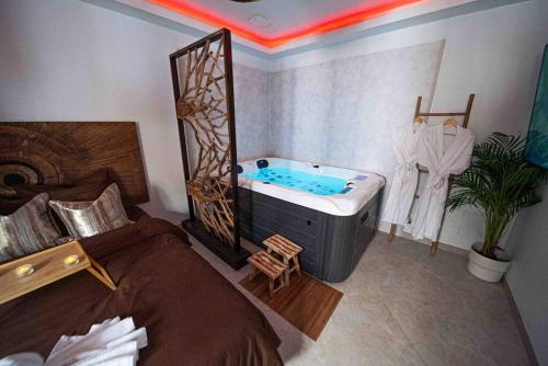 een slaapkamer met een bad en een bed bij L'instant en Provence -Logement de Standing avec Jaccuzi à 20min d'Avignon in Le Thor