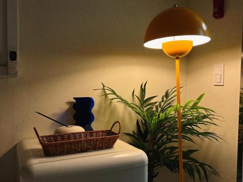 a lamp and a plant on top of a refrigerator at Jnineguesthouse in Seoul