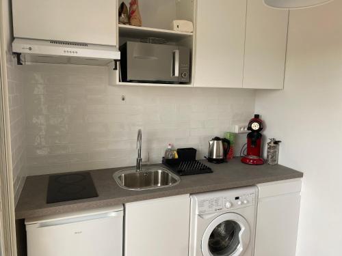 een keuken met een wastafel en een wasmachine bij Ramonville parking netflix in Ramonville-Saint-Agne