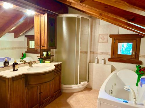 a bathroom with a shower and a sink and a tub at Mansarda luminosa in La Thuile