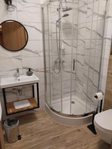 a bathroom with a shower and a sink at Makarewicz Dworek in Szypliszki