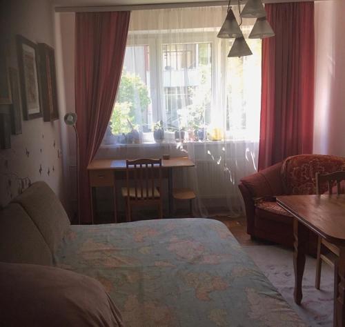 a living room with a bed and a table and a window at Jaukus butas ant Neries skardžio in Vilnius