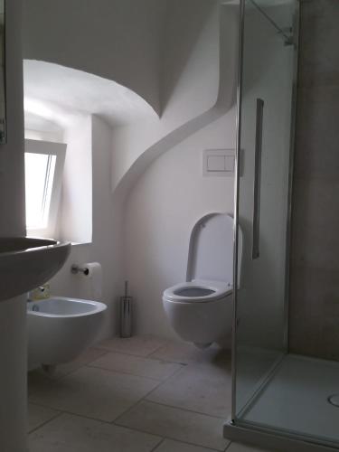 een badkamer met een douche, een toilet en een wastafel bij Casa Suyan in Peschici