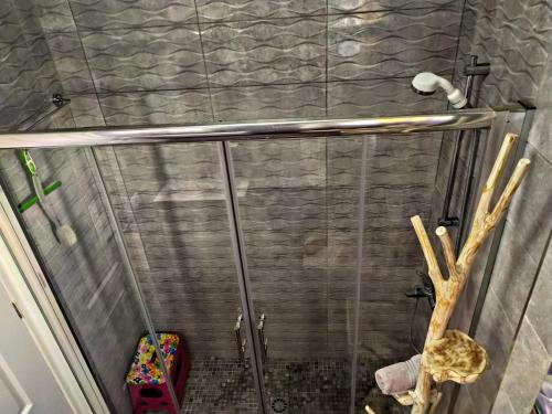 a shower stall with a glass door and a shower at Cosy 2 bedroom near sea Costa del Silencio in Costa Del Silencio