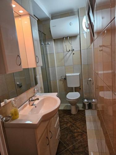 a bathroom with a sink and a toilet at Villa mit wunderschönem Meerblick in Dobra Voda