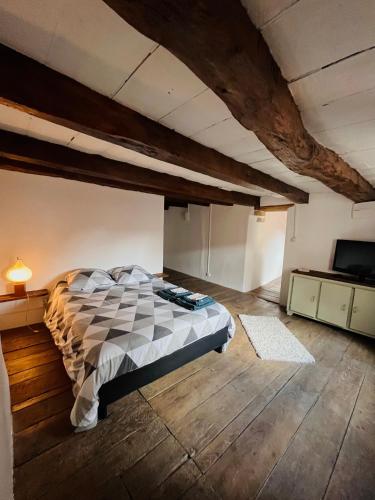 um quarto com uma cama grande e uma televisão em Studio, chambre privée em Langres