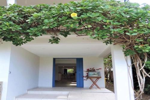 a doorway to a house with a large tree overhead at MADRAS LODGE in Le Diamant