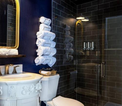 La salle de bains est pourvue de toilettes, d'un lavabo et d'une douche. dans l'établissement Downtown Tiny Life - Experience Tiny Living!, à Orlando