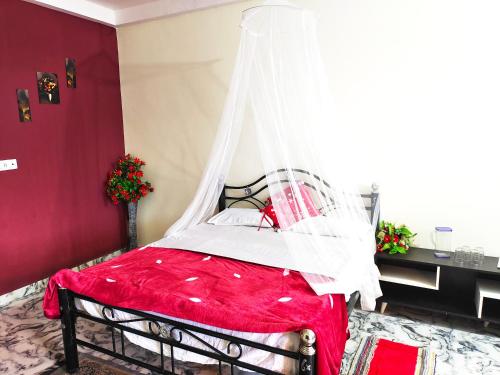 a bedroom with a red bed with a canopy at Mannat Inn (Peace Homestay) in Mysore