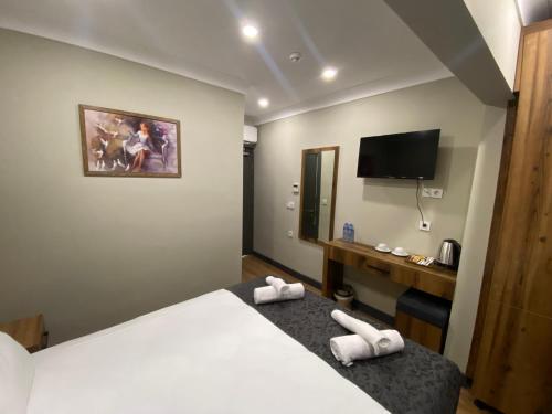 a hotel room with a bed and a flat screen tv at Zeyn Otel Istanbul in Istanbul