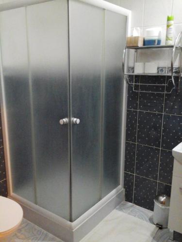 La salle de bains est pourvue d'une cabine de douche avec une porte en verre. dans l'établissement Penzion Adam - Makov, à Makov