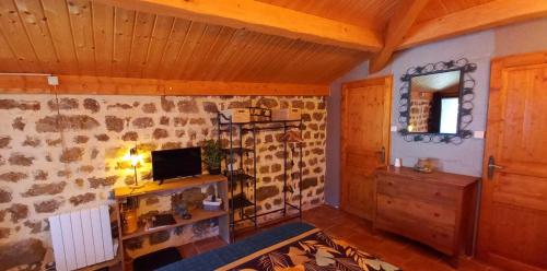 ein Wohnzimmer mit einem TV und einer Holzdecke in der Unterkunft Les Gîtes du Couvent in Nozières