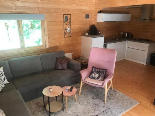ein Wohnzimmer mit einem Sofa und Stühlen sowie eine Küche in der Unterkunft Villa Bartje in Schoonebeek