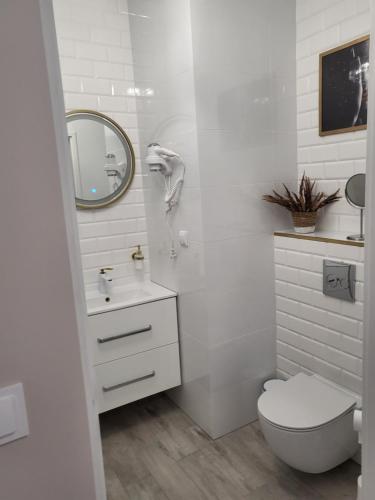 a white bathroom with a toilet and a mirror at Pokój z własną kuchnią i łazienką Żyrardów SUNTAGO in Żyrardów