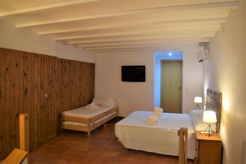a bedroom with two beds and a tv on the wall at Duplex en planta baja junto a la catedral in Tarragona
