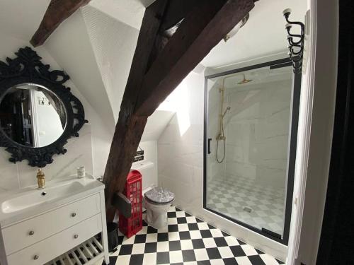 La salle de bains est pourvue d'une douche, d'un lavabo et d'un miroir. dans l'établissement Le gîte du Sorcier 89, à Avallon