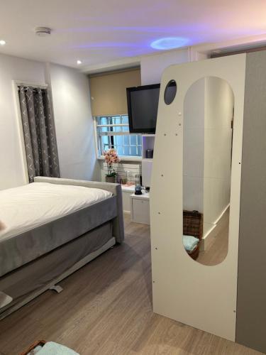 a bedroom with a bed and a flat screen tv at Beautiful double room in a central location next to various tube stations with breakfast and yoga options available on site in London