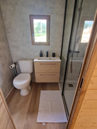 a small bathroom with a toilet and a shower at Chalet du bonheur de campagne 