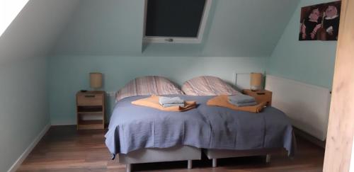 een slaapkamer met een bed met 2 kussens erop bij Tante roosje in Enkhuizen