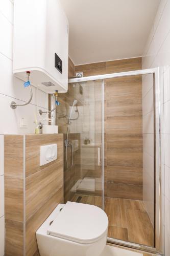 a small bathroom with a toilet and a shower at Beachfront Apartments Tić with Seaview in Miletići