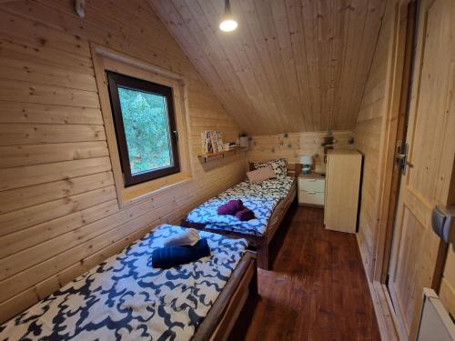 Duas camas num quarto com paredes de madeira em Przystań Zakapiora 