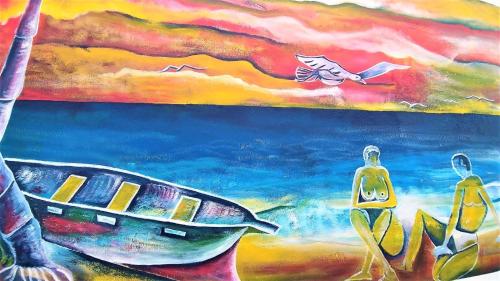 a painting of a boat on the beach at Hotel Kenito in São Tomé